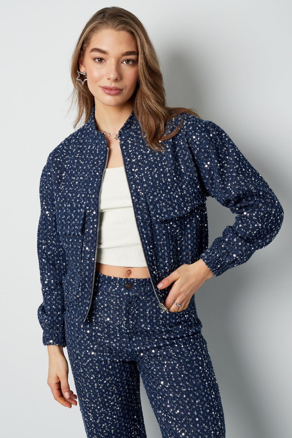 Denim jacket with sequins