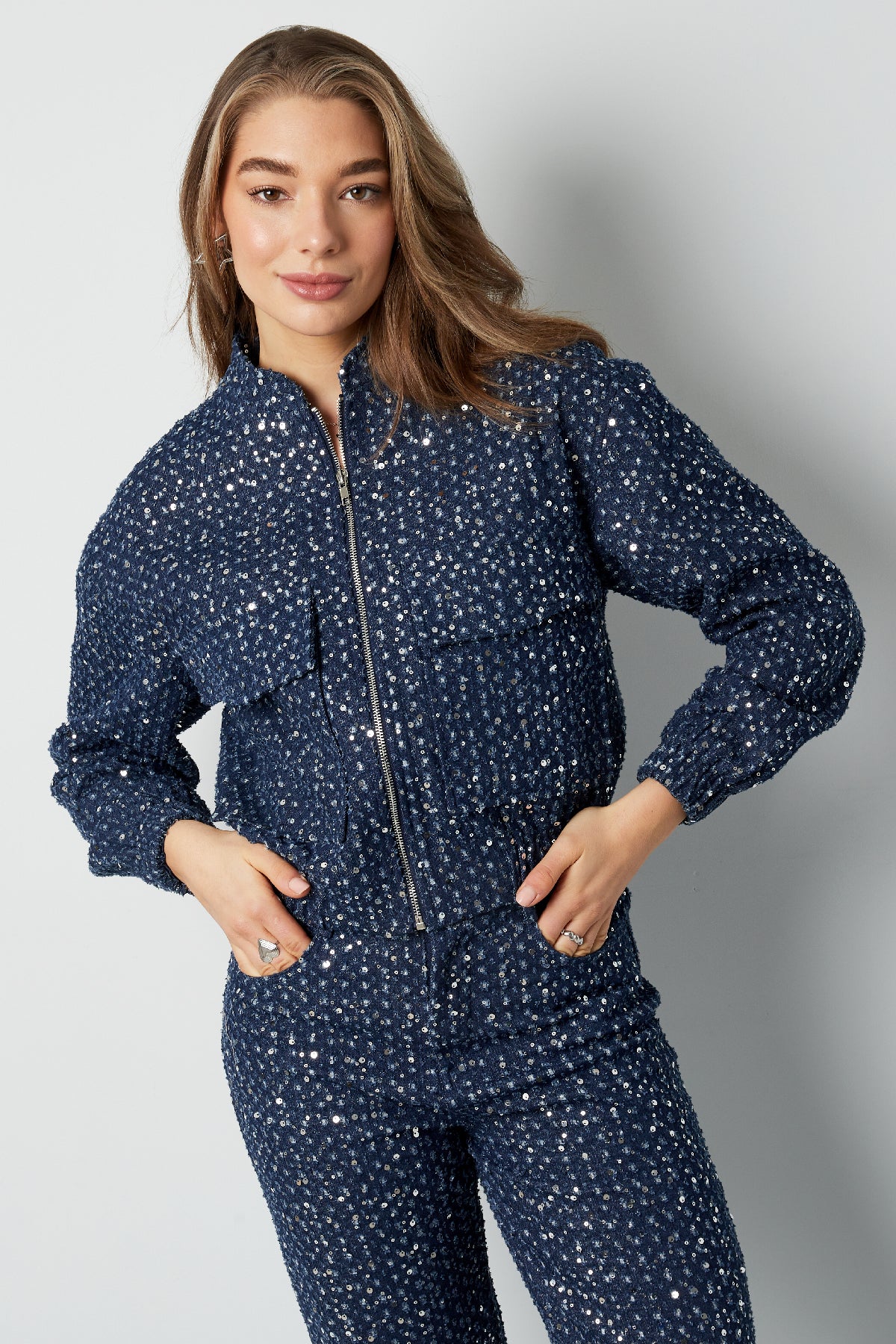Denim jacket with sequins