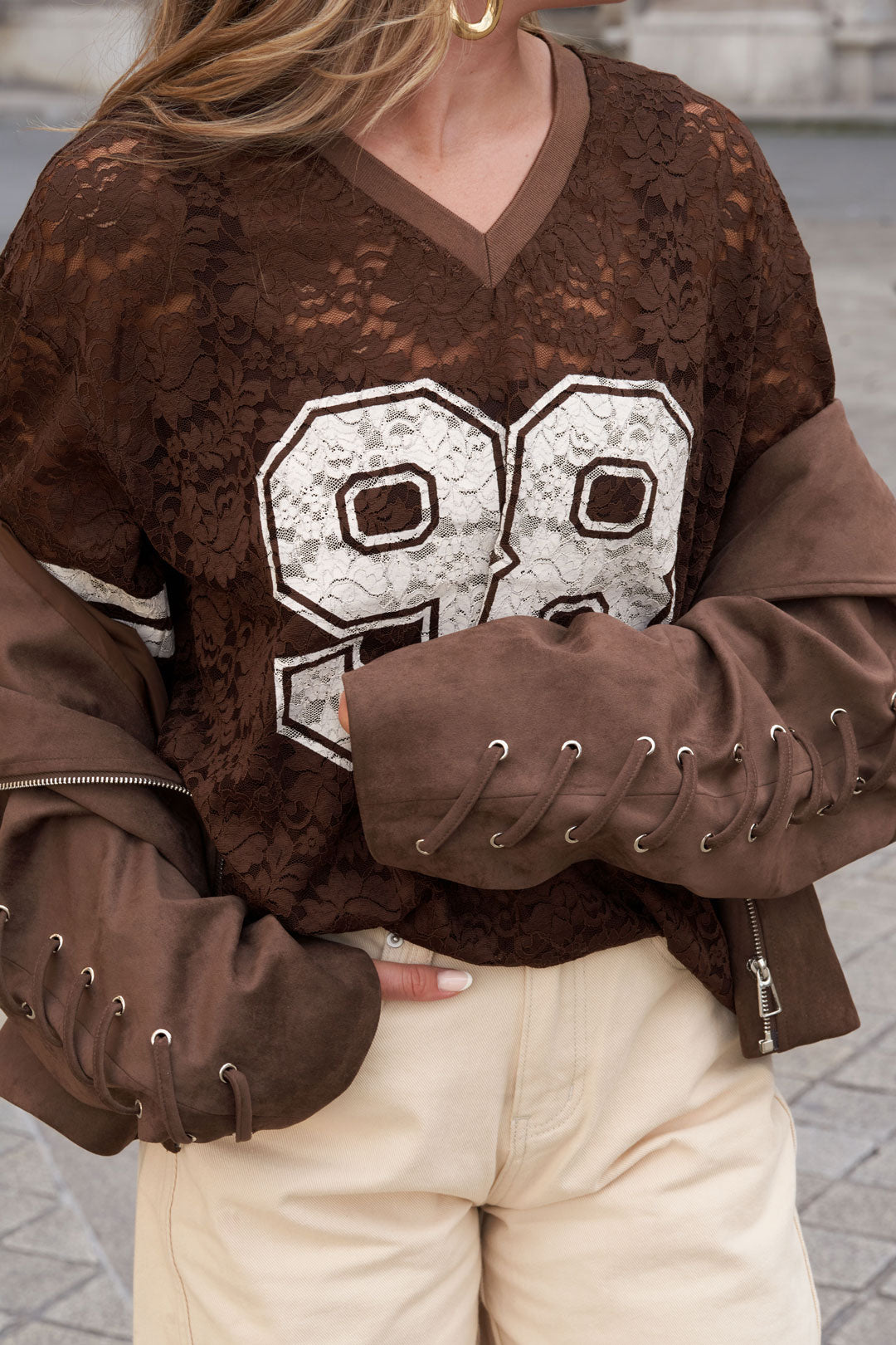 V-Neck Lace American T-shirt