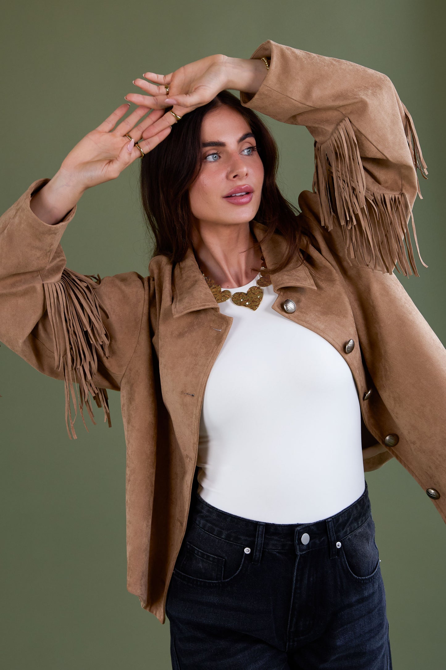 Suede-look jacket with fringes